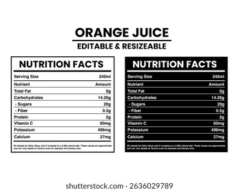 Editável e redimensionável suco de laranja Rótulo de fatos nutricionais, fatos nutricionais, fatos nutricionais Rótulo Suplemento fatos, Vetor de rótulo de nutrição