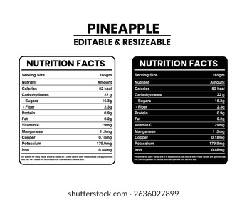Editável e Redimensionável Ananás Nutrition Facts Label, Nutrition Facts, Nutrition Facts Label Supplement Facts, Nutrition Label vetor