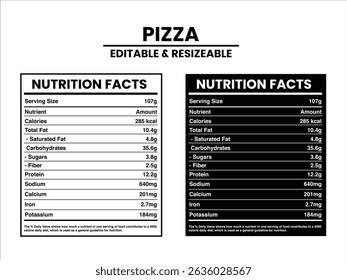Editável e redimensionável Pizza Gráfico de fatos nutricionais, fatos nutricionais, fatos nutricionais rótulo suplementar fatos, vetor de rótulo de nutrição