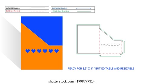 Línea de bolsillo o carpeta editable y redimensionable lista para una página de 8.5x11 pulgadas con forma de corazón corte de ventana transparente y corte de ángulo, representación 3D