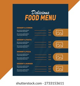 Editable restaurant food menu template, vector EPS format, perfect for cafes, bistros, and fast-food businesses. Clean and modern design, fully customizable with placeholders for dishes, prices, and images. Ideal for print and digital menus.