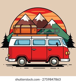 Editable Retro Camper Van with Mountains Sunset Background Vector Illustration Design For Use.