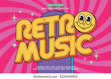Editable retro music text effect 3d cartoon style. Editable text effect vintage music template vector style