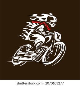 editable retro vector style of skull rider with flame