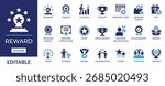 Editable reward icon set. Featuring trophy, medal, prize, winner, star, award, gift, and celebration symbols. Perfect for achievement, recognition, bonus, and success design projects.