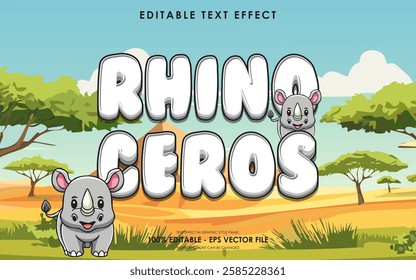 Editable rhinoceros text effect, with savanna background, and rhinoceros illustration