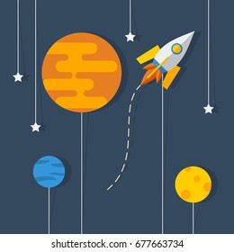 Editable Rocket and Planets Vector Illustration in Flat Paper-like Style for Astronomy or Kids Art Related Purposes