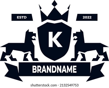 Editable royal guard dog logo with crown and ribbon.