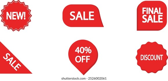 Editable sale and discount icon set of red sale tags and labels. Ad icons. Flat vector illustration on transparent background. Promotion banner, sign for advertisements.