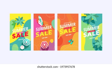 Editable Sale Summer Banner Story Template Pack With Beach Accessories, Green Tropical Palm On Bright Shaped Backgrounds