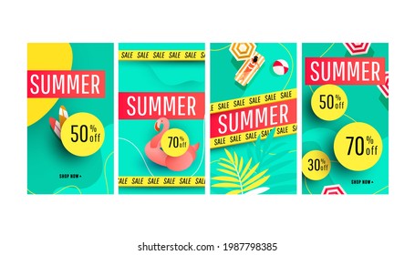 Editable sale summer banner story template pack with beach accessories, green tropical palm on bright shaped backgrounds