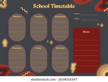 Editable school timetable template with bold dark retro colors and oval shapes for each weekday. Includes space for student name, class, and notes. Perfect for print and digital classroom organization