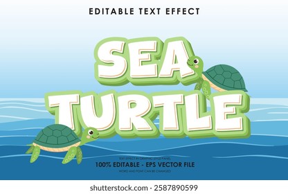 editable sea turtle sea animal text effect, with ocean background and cute sea turtle illustrations