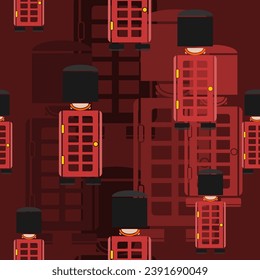 Editable Seamless Pattern of Combined Front View Typical English Royal Guard and Telephone Booth as Iconic Vector Illustration in Flat Style With Dark Background for England Culture Tradition Design
