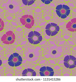 Editable seamless pattern. Fictional multicolored flowers. Primitive flat texture. Against the background of an openwork network consisting of five-pointed stars.