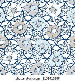 Editable seamless pattern. Fictional multicolored flowers. Primitive flat texture. Against the background of an openwork network consisting of five-pointed stars.