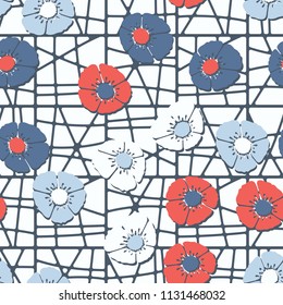 Editable seamless pattern. Fictional multicolored flowers. Primitive flat texture. Against the backdrop of a square lattice with cells separated by curved lines.