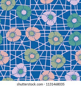 Editable seamless pattern. Fictional multicolored flowers. Primitive flat texture. Against the backdrop of a square lattice with cells separated by curved lines.