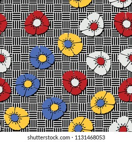 Editable seamless pattern. Fictional multicolored flowers. Primitive flat texture. Against the background of a square striped chess network.