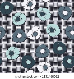 Editable seamless pattern. Fictional multicolored flowers. Primitive flat texture. Against the background of a square striped chess network.