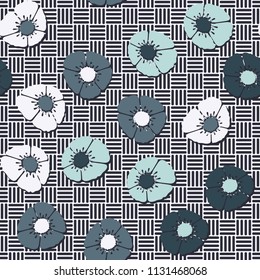 Editable seamless pattern. Fictional multicolored flowers. Primitive flat texture. Against the background of a square striped chess network.