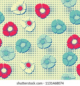 Editable seamless pattern. Fictional multicolored flowers. Primitive flat texture. Against the backdrop of a network of blunt five-pointed stars of floating magnitude.