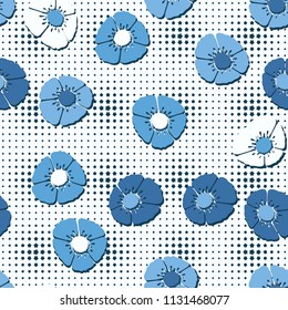 Editable seamless pattern. Fictional multicolored flowers. Primitive flat texture. Against the backdrop of a network of blunt five-pointed stars of floating magnitude.