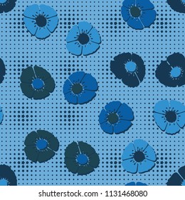 Editable seamless pattern. Fictional multicolored flowers. Primitive flat texture. Against the backdrop of a network of blunt five-pointed stars of floating magnitude.