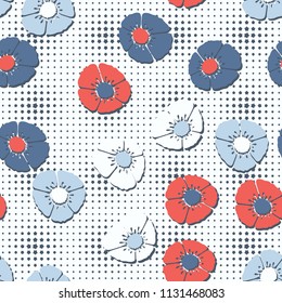 Editable seamless pattern. Fictional multicolored flowers. Primitive flat texture. Against the backdrop of a network of blunt five-pointed stars of floating magnitude.