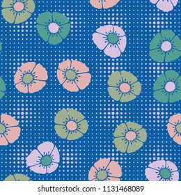 Editable seamless pattern. Fictional multicolored flowers. Primitive flat texture. Against the backdrop of a network of blunt five-pointed stars of floating magnitude.