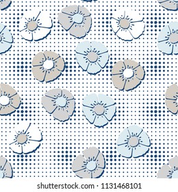 Editable seamless pattern. Fictional multicolored flowers. Primitive flat texture. Against the backdrop of a network of blunt five-pointed stars of floating magnitude.