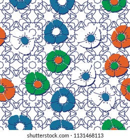 Editable seamless pattern. Fictional multicolored flowers. Primitive flat texture. Against the background of a complex texture consisting of abstract quadrangular elements.