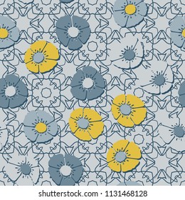 Editable seamless pattern. Fictional multicolored flowers. Primitive flat texture. Against the background of a complex texture consisting of abstract quadrangular elements.