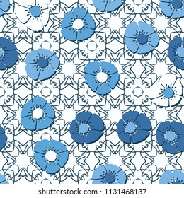 Editable seamless pattern. Fictional multicolored flowers. Primitive flat texture. Against the background of a complex texture consisting of abstract quadrangular elements.