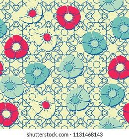 Editable seamless pattern. Fictional multicolored flowers. Primitive flat texture. Against the background of a complex texture consisting of abstract quadrangular elements.
