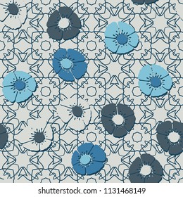 Editable seamless pattern. Fictional multicolored flowers. Primitive flat texture. Against the background of a complex texture consisting of abstract quadrangular elements.