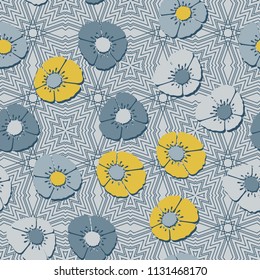 Editable seamless pattern. Fictional multicolored flowers. Primitive flat texture. A background of fine lines based on four-sided figures.