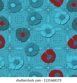 Editable seamless pattern. Fictional multicolored flowers. Primitive flat texture. A background of fine lines based on four-sided figures.
