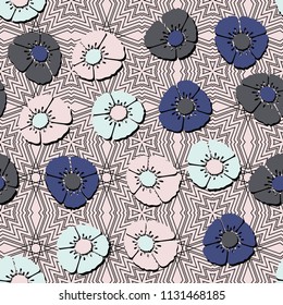 Editable seamless pattern. Fictional multicolored flowers. Primitive flat texture. A background of fine lines based on four-sided figures.