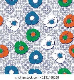 Editable seamless pattern. Fictional multicolored flowers. Primitive flat texture. A background of fine lines based on four-sided figures.