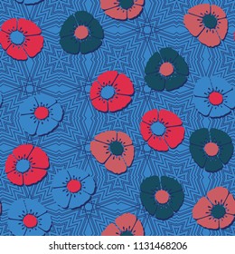 Editable seamless pattern. Fictional multicolored flowers. Primitive flat texture. A background of fine lines based on four-sided figures.