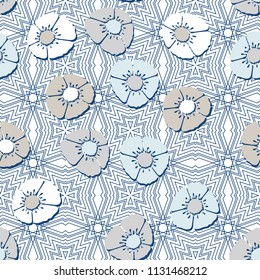 Editable seamless pattern. Fictional multicolored flowers. Primitive flat texture. A background of fine lines based on four-sided figures.
