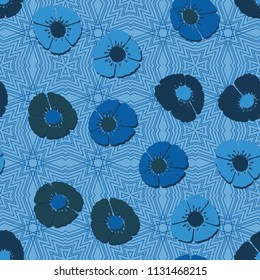 Editable seamless pattern. Fictional multicolored flowers. Primitive flat texture. A background of fine lines based on four-sided figures.