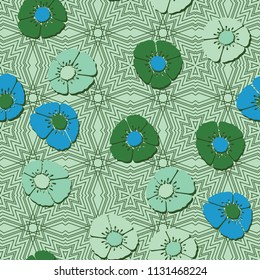 Editable seamless pattern. Fictional multicolored flowers. Primitive flat texture. A background of fine lines based on four-sided figures.