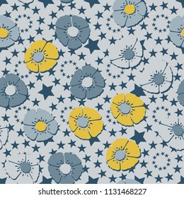 Editable seamless pattern. Fictional multicolored flowers. Primitive flat texture. Against the backdrop of circles formed by five-pointed stars.