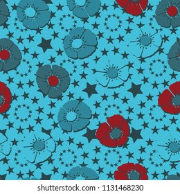 Editable seamless pattern. Fictional multicolored flowers. Primitive flat texture. Against the backdrop of circles formed by five-pointed stars.