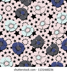 Editable seamless pattern. Fictional multicolored flowers. Primitive flat texture. Against the backdrop of circles formed by five-pointed stars.