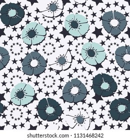 Editable seamless pattern. Fictional multicolored flowers. Primitive flat texture. Against the backdrop of circles formed by five-pointed stars.