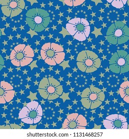 Editable seamless pattern. Fictional multicolored flowers. Primitive flat texture. Against the backdrop of circles formed by five-pointed stars.