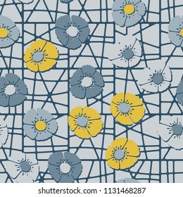 Editable seamless pattern. Fictional multicolored flowers. Primitive flat texture. Against the backdrop of a square lattice with cells separated by curved lines.